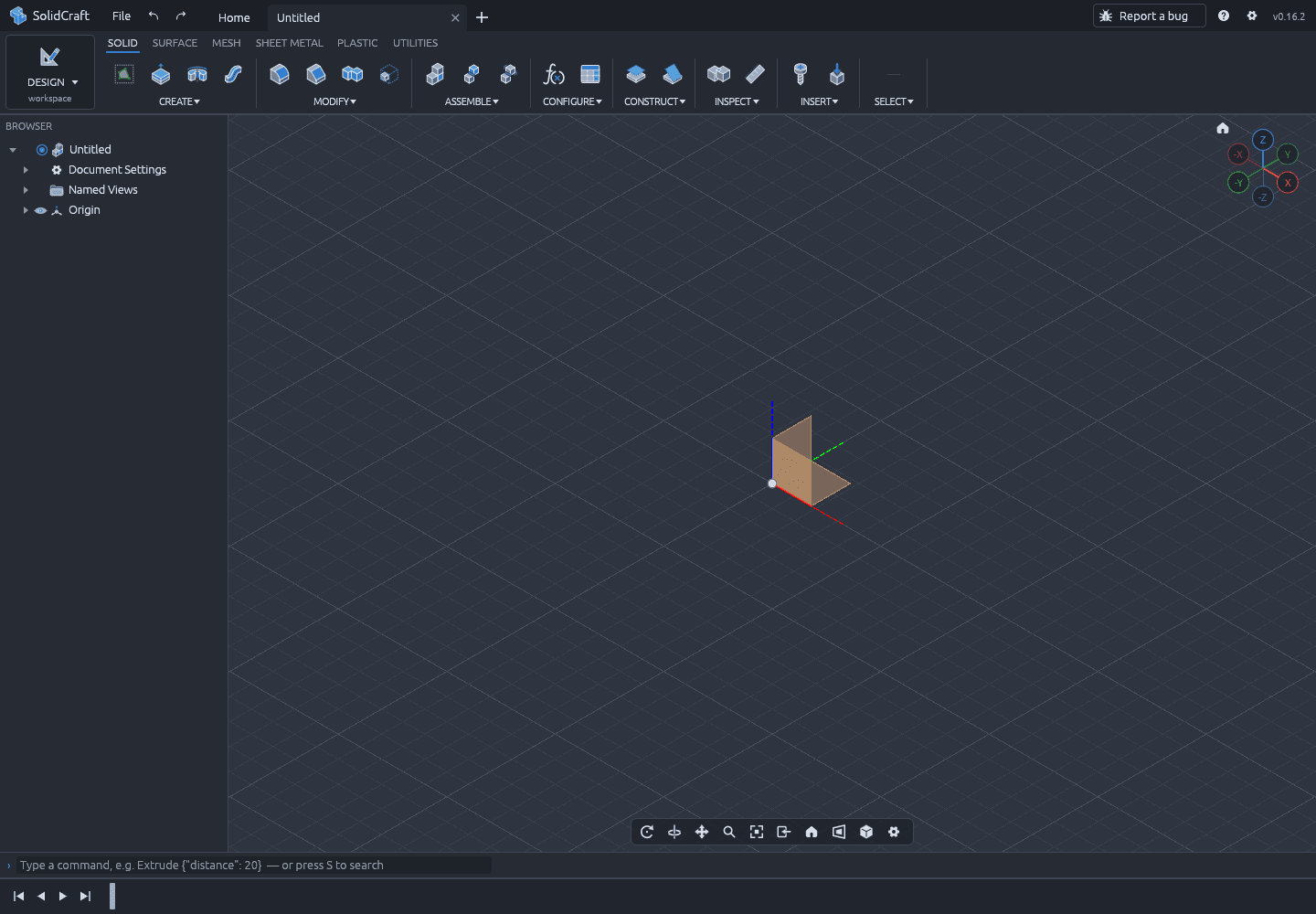 SolidCraft's empty design workspace with the New Design screen behind it, the Browser tree on the left and an empty viewport