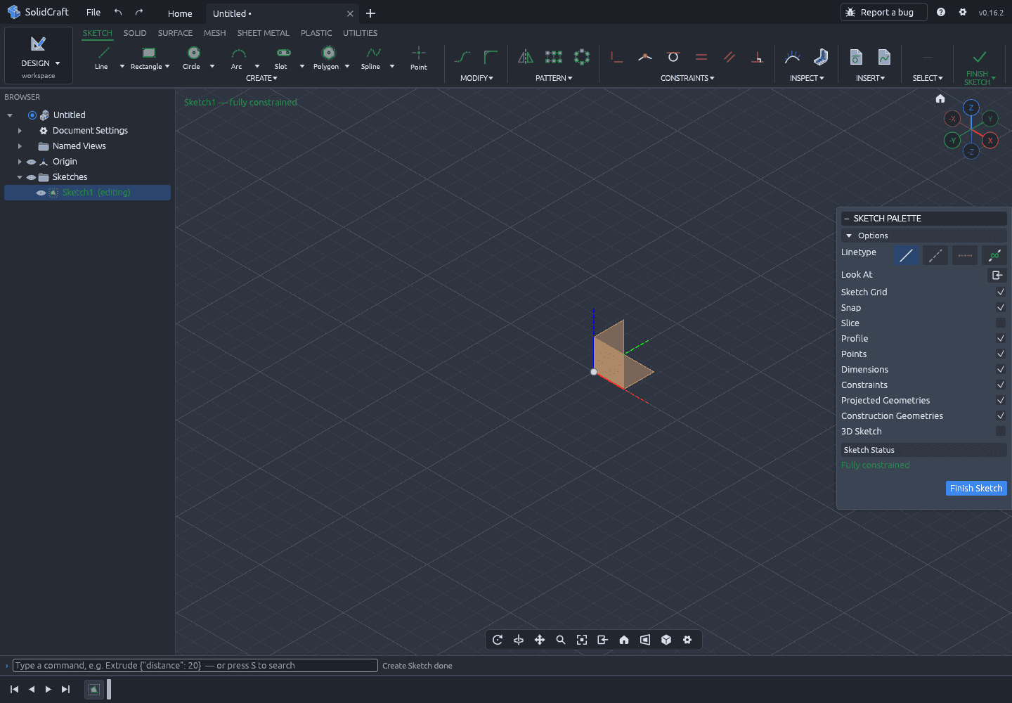 SolidCraft in sketch mode: the SKETCH toolbar across the top, Sketch1 (editing) in the Browser, and the Sketch Palette on the right
