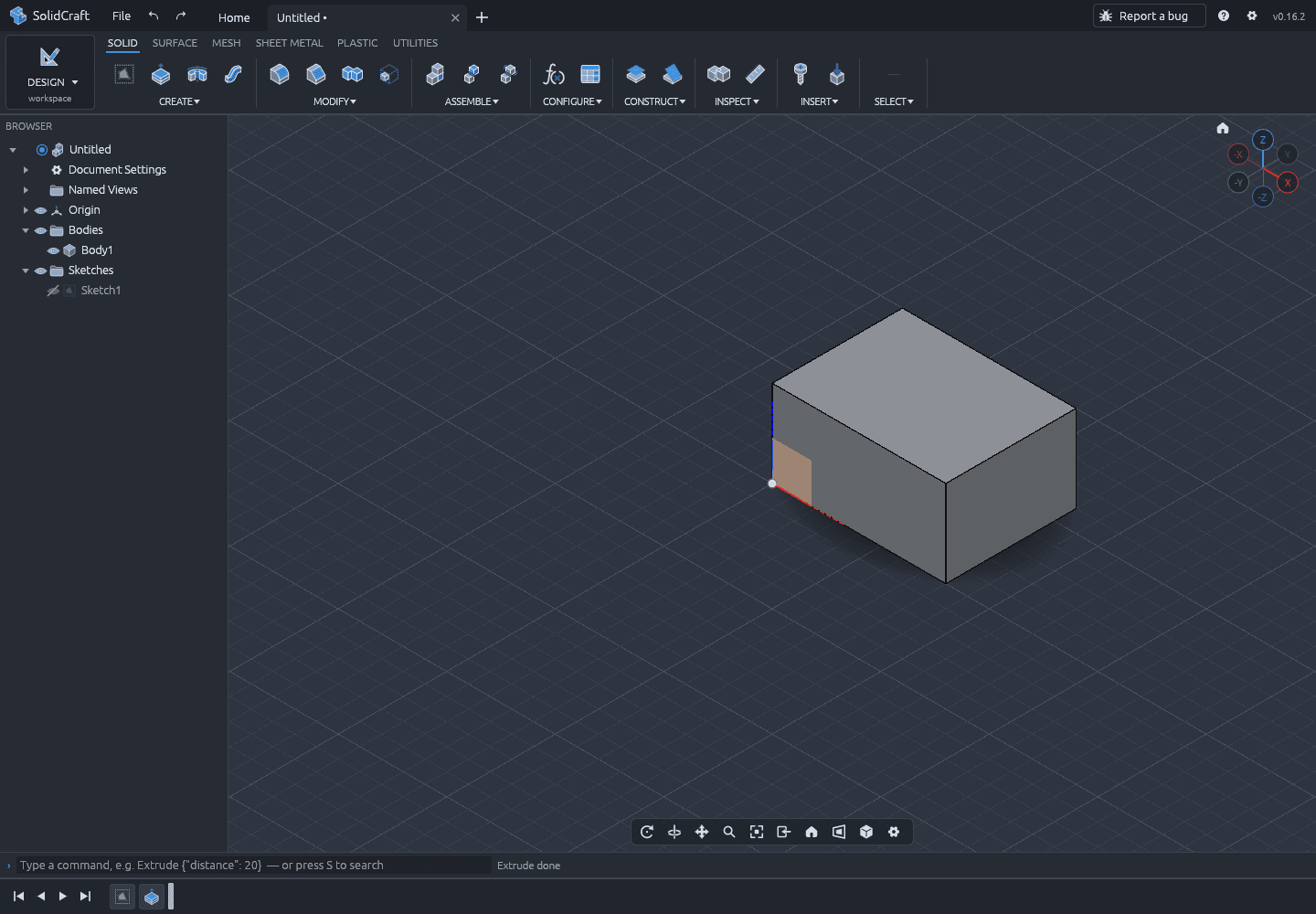 The extruded 40 by 30 by 20 millimetre box in SolidCraft, with Body1 and Sketch1 visible in the Browser