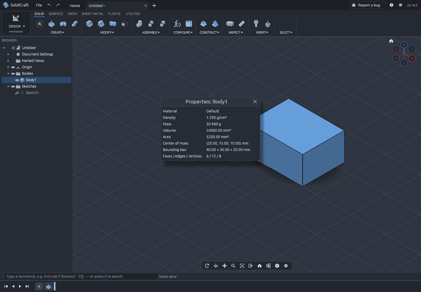 SolidCraft's Properties dialog for Body1 showing volume 24000.00 cubic millimetres, area 5200.00 square millimetres and bounding box 40.00 by 30.00 by 20.00 millimetres