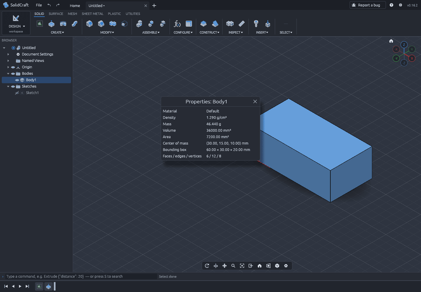 Properties dialog after the edit: volume 36000.00 cubic millimetres and bounding box 60.00 by 30.00 by 20.00 millimetres