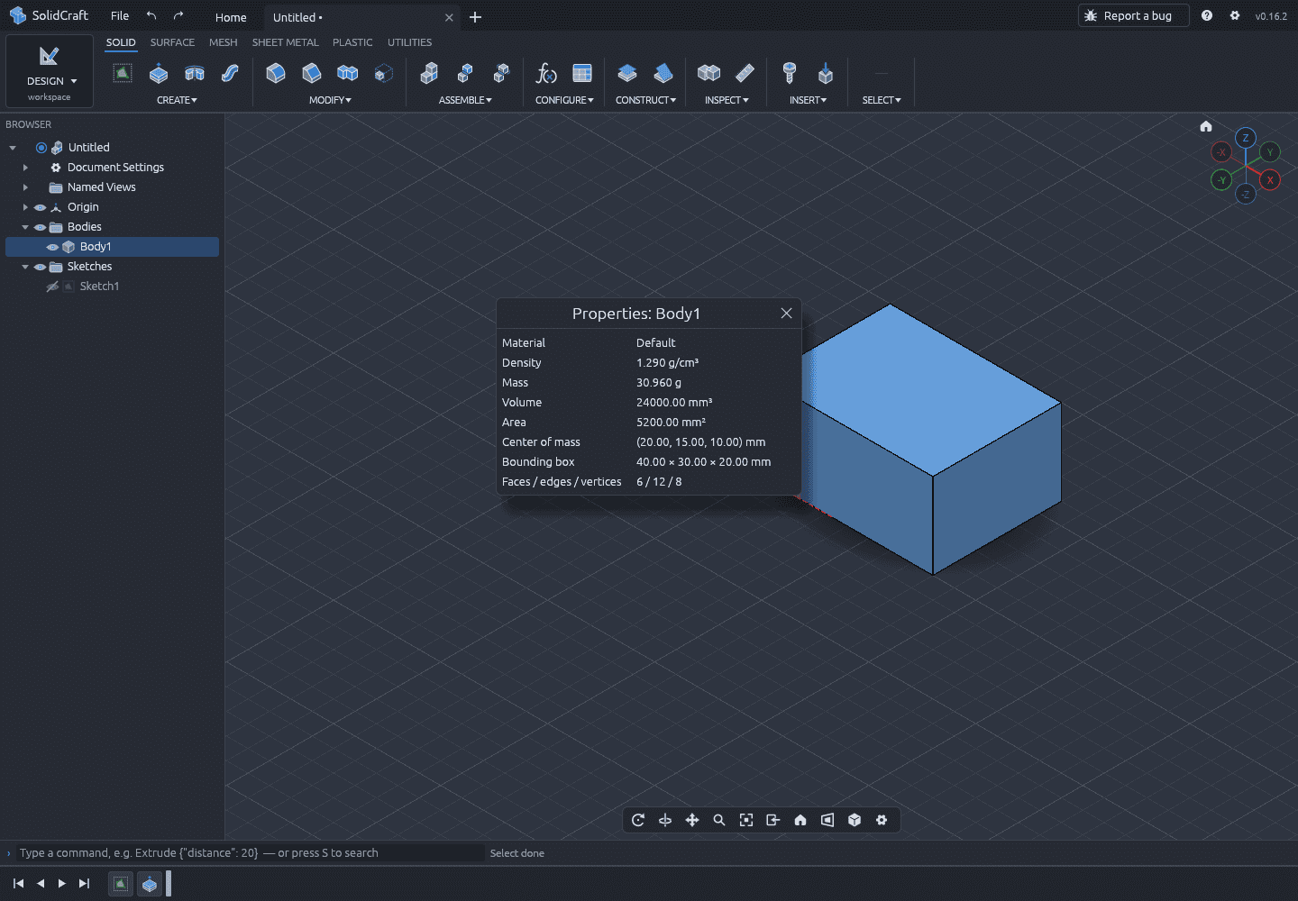 Properties dialog after restoring the width to 40, showing volume 24000.00 cubic millimetres again