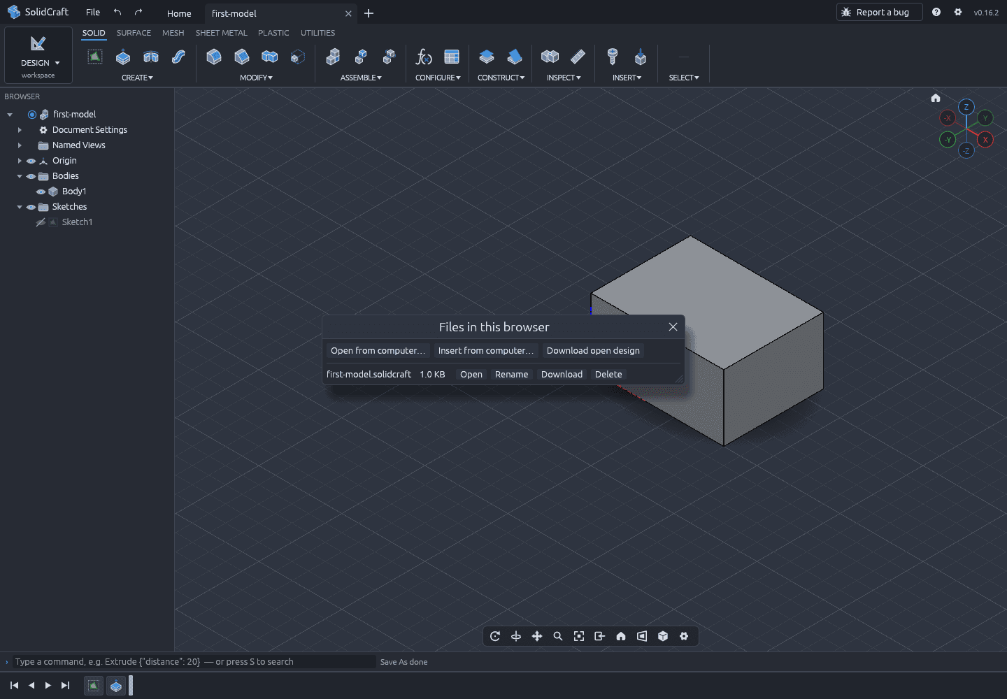 The Files in this browser panel listing first-model.solidcraft at 1.0 KB with Open, Rename, Download and Delete actions