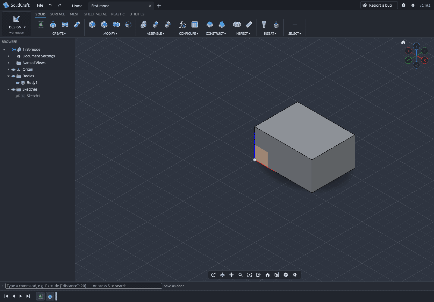 The SolidCraft window after saving, with first-model in the tab title and Save As done in the status bar