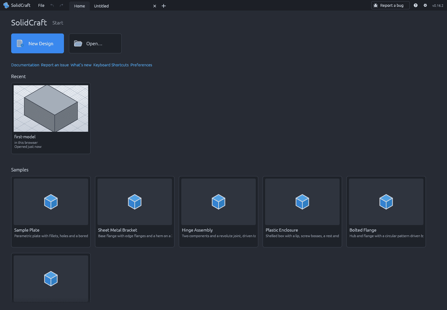 SolidCraft's Home screen after a reload, showing the first-model design in the Recent section with a thumbnail of the box