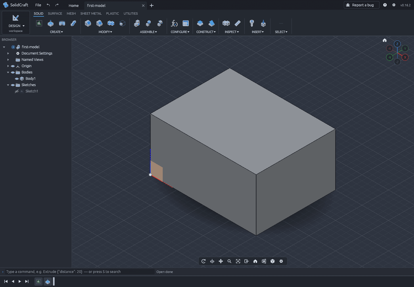 The reopened design in SolidCraft with first-model in the tab, Body1 and Sketch1 in the Browser, and the full box in the viewport