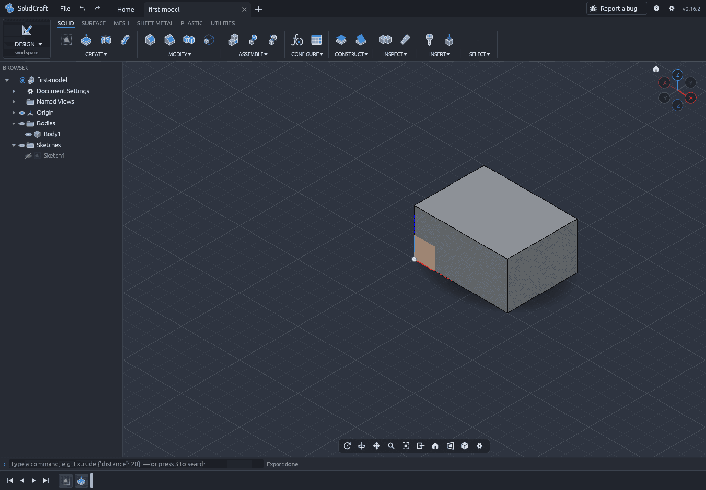 The SolidCraft window after the export, with Export done in the status bar and the finished box in the viewport