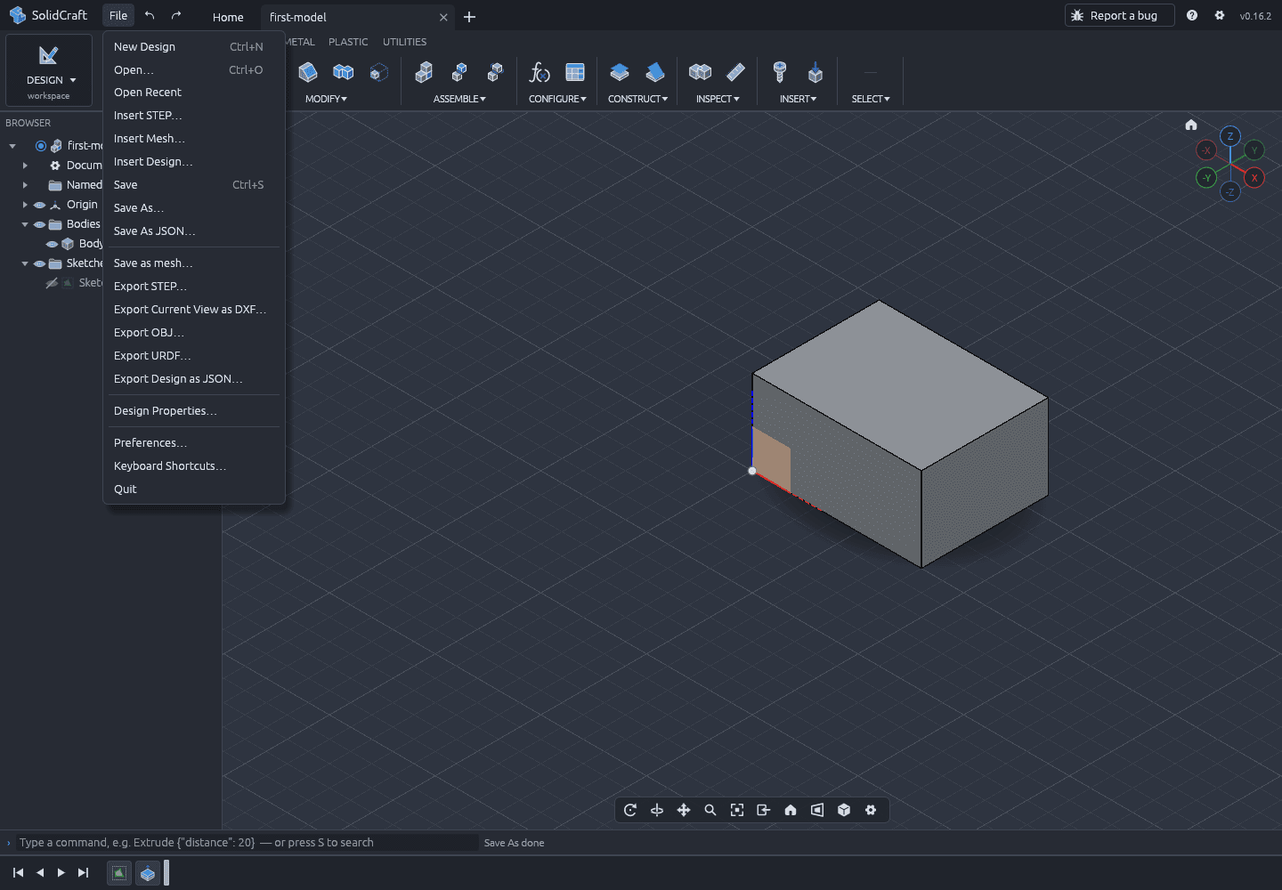 SolidCraft's File menu open with Export STEP, Export DXF, Export OBJ, Export URDF and Export Design as JSON items visible